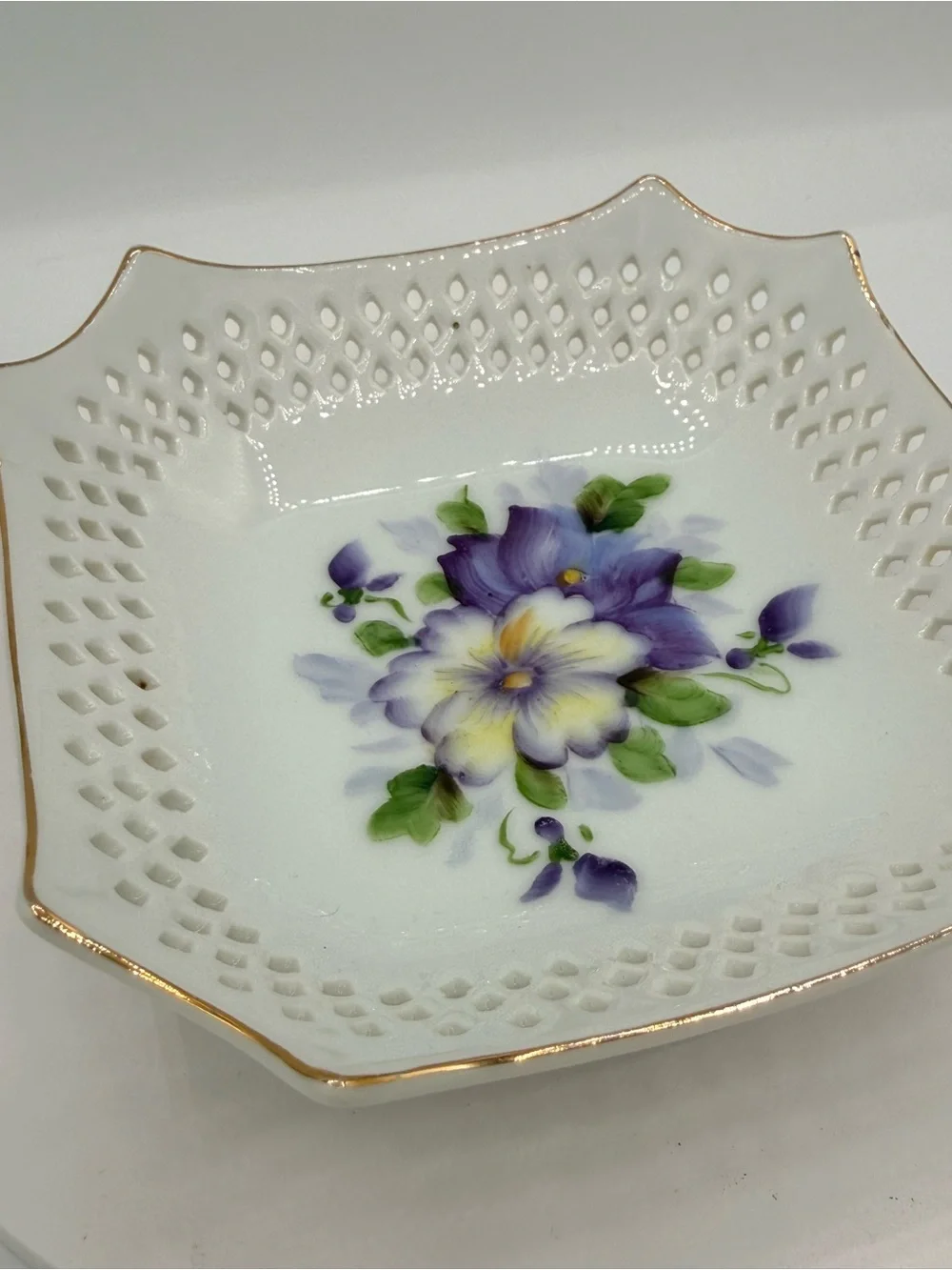 Vintage White Porcelain Decorative Plate with Purple Floral Design-JAPAN